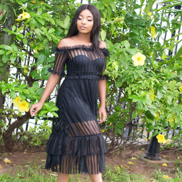 Black  off shoulder mesh lace dress - Picture 3 of 5
